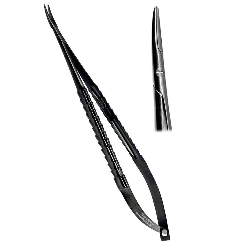 Micro-Needle-Holder-TC-18cm-Curved-TC-Surgical-Dental-Instruments-Germany-SS-copy.jpg Castro-Viejo Micro Needle Holder TC 18cm CVD Locking Ergo Handle Black, - Image 1