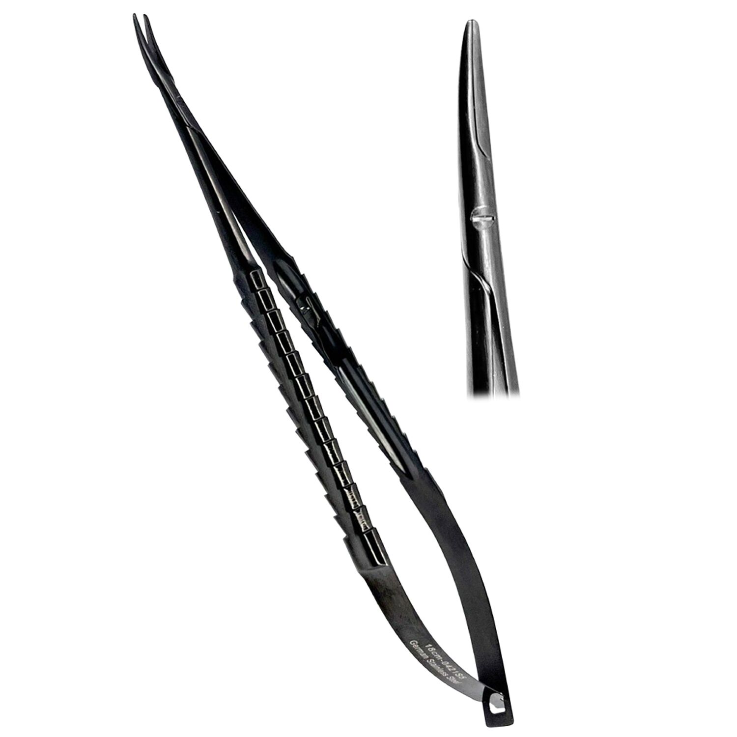 Micro-Needle-Holder-TC-18cm-Curved-TC-Surgical-Dental-Instruments-Germany-SS-copy.jpg Castro-Viejo Micro Needle Holder TC 18cm CVD Locking Ergo Handle Black, - Image 1