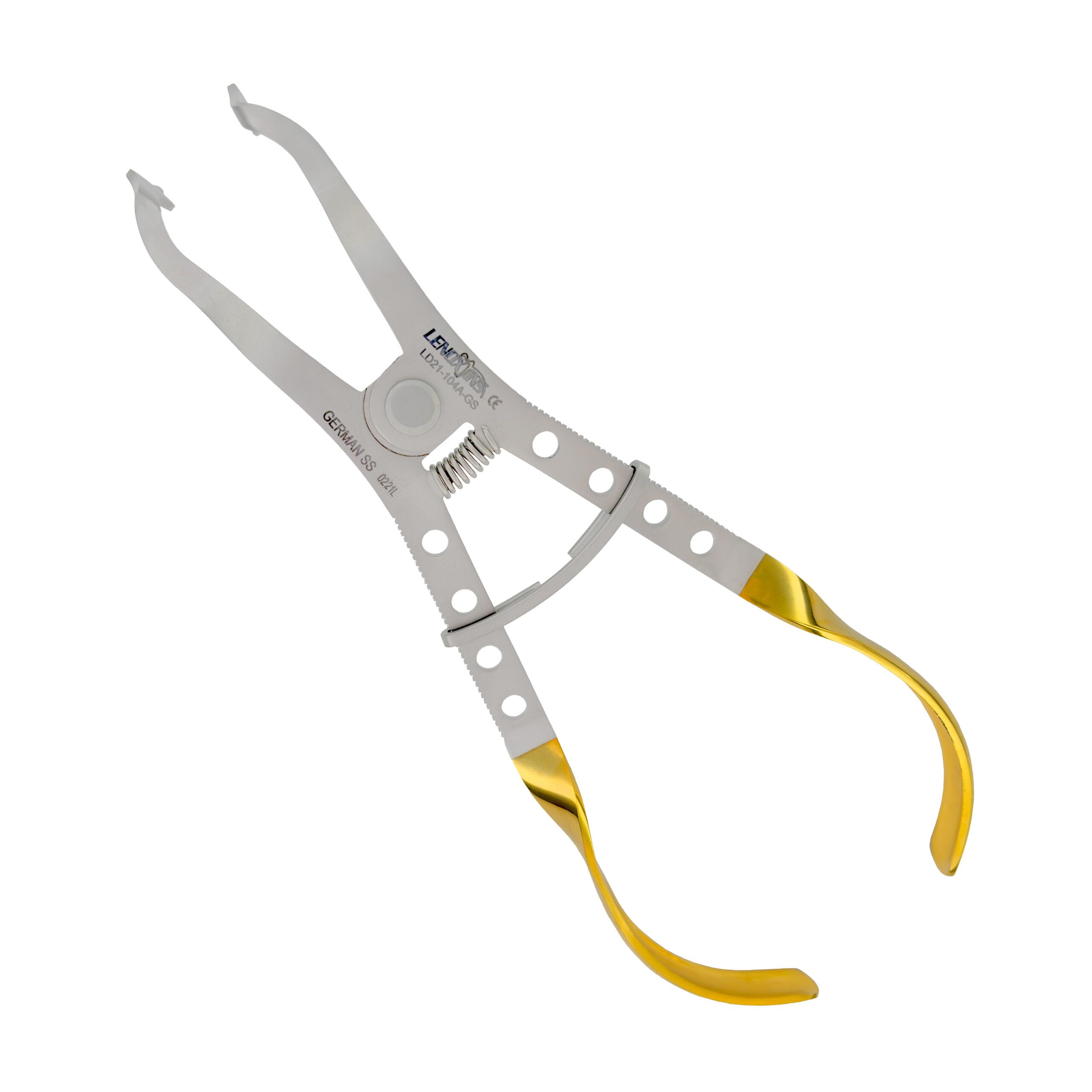 LD21-104A-SG - Rubber Dam Forcep Ivory Light Weight Silver Gold.JPG Lightweight ivory and gold rubber dam forcep designed for precise clamp handling in restorative and endodontic dental procedures.