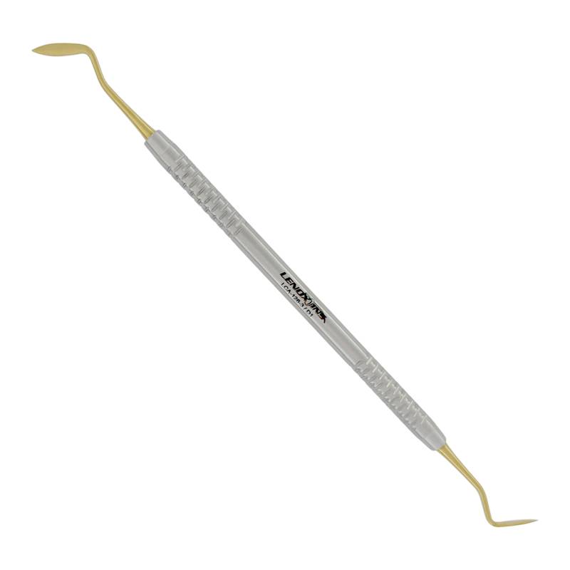 LCA-126-D1 - Cravers Hollenback.JPG Hollenback carver dental instrument with dual ends for precise carving and contouring of amalgam and composite restorations, featuring a textured handle for grip, branded with Lenox Instruments.