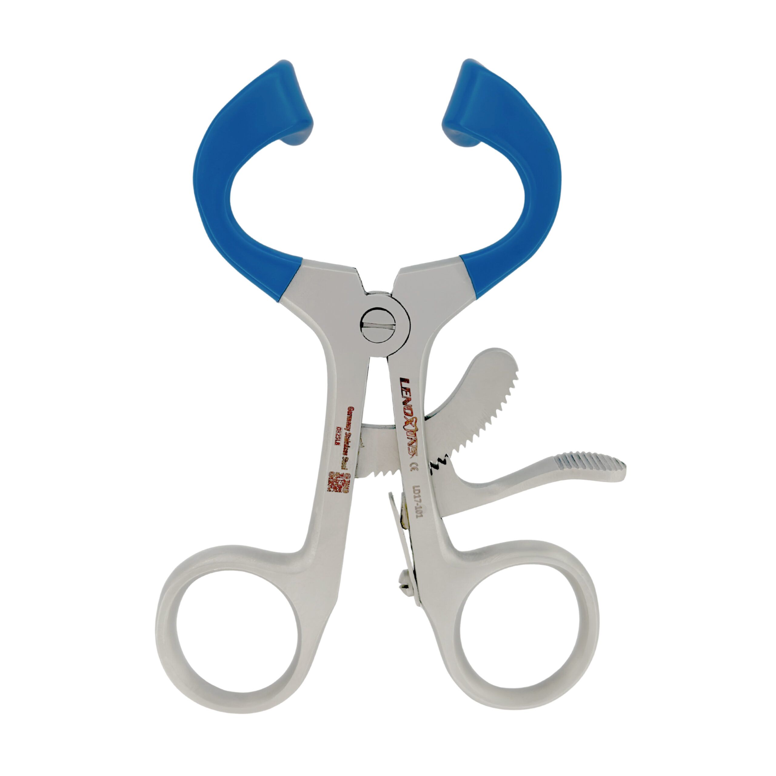 Mouth gag for pediatric dental procedures, self-retracting mechanism, ergonomic design, durable stainless steel construction, Lenox Instruments.