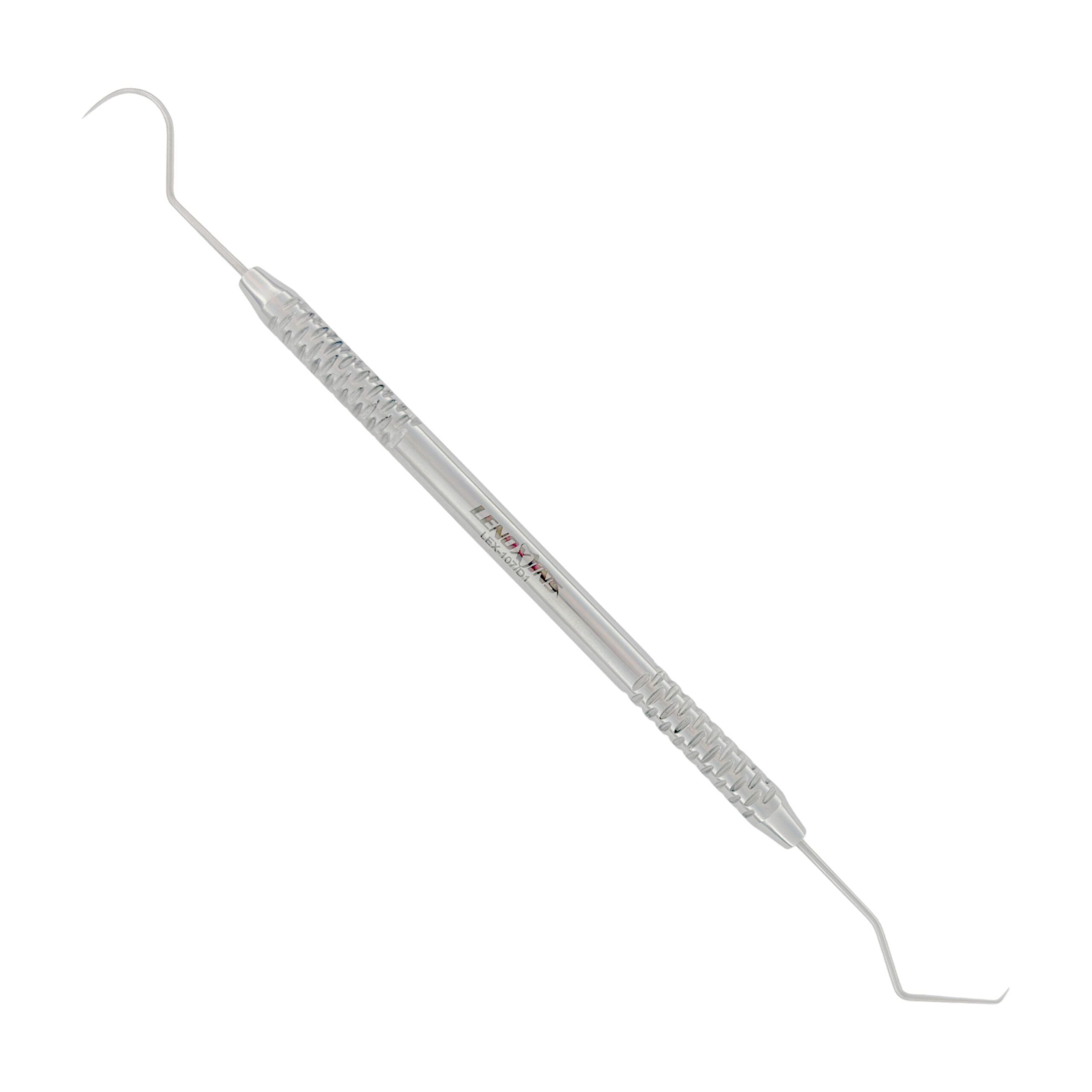 LEX-107-D1 - 17,23 Explorer Slim Handle copy.JPG 17/23 Explorer Slim Handle dental instrument with stainless steel ends, designed for caries detection and diagnostic examinations.