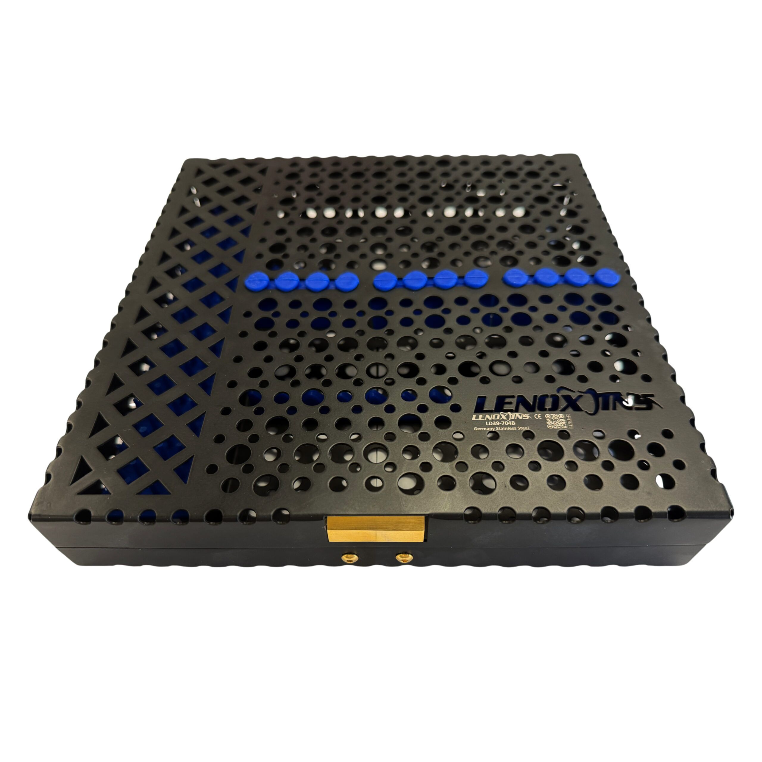 Black dental instrument cassette with perforated design and blue accents, featuring a secure single button closure, branded with "LENOX INSTRUMENTS," designed for organized storage during sterilization and transport.