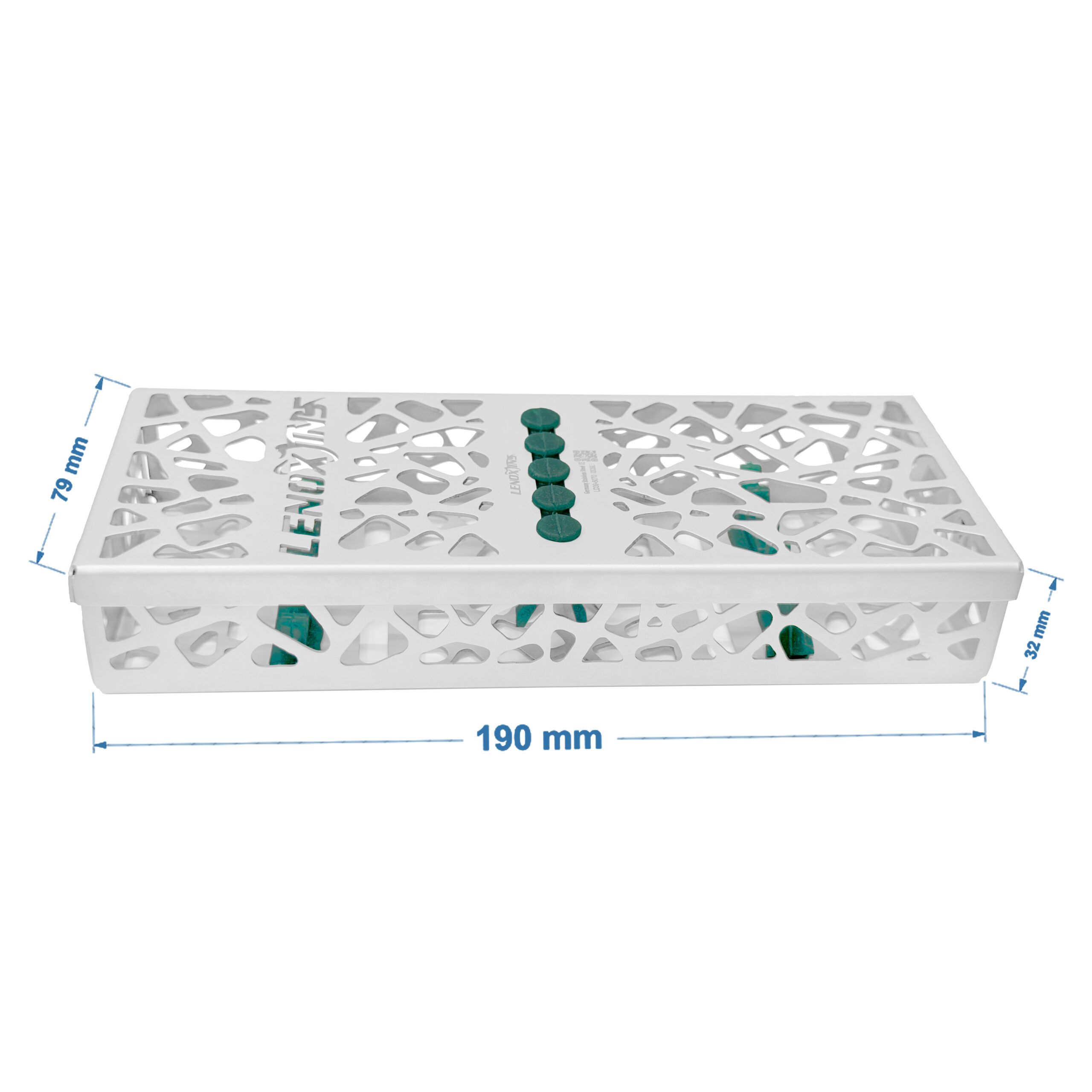 EZ Dental Cassette for 5 instruments, autoclavable, compact design, featuring ventilated structure for sterilization and organization of dental tools, dimensions 190mm x 79mm x 32mm, branded by Lenox Instruments.